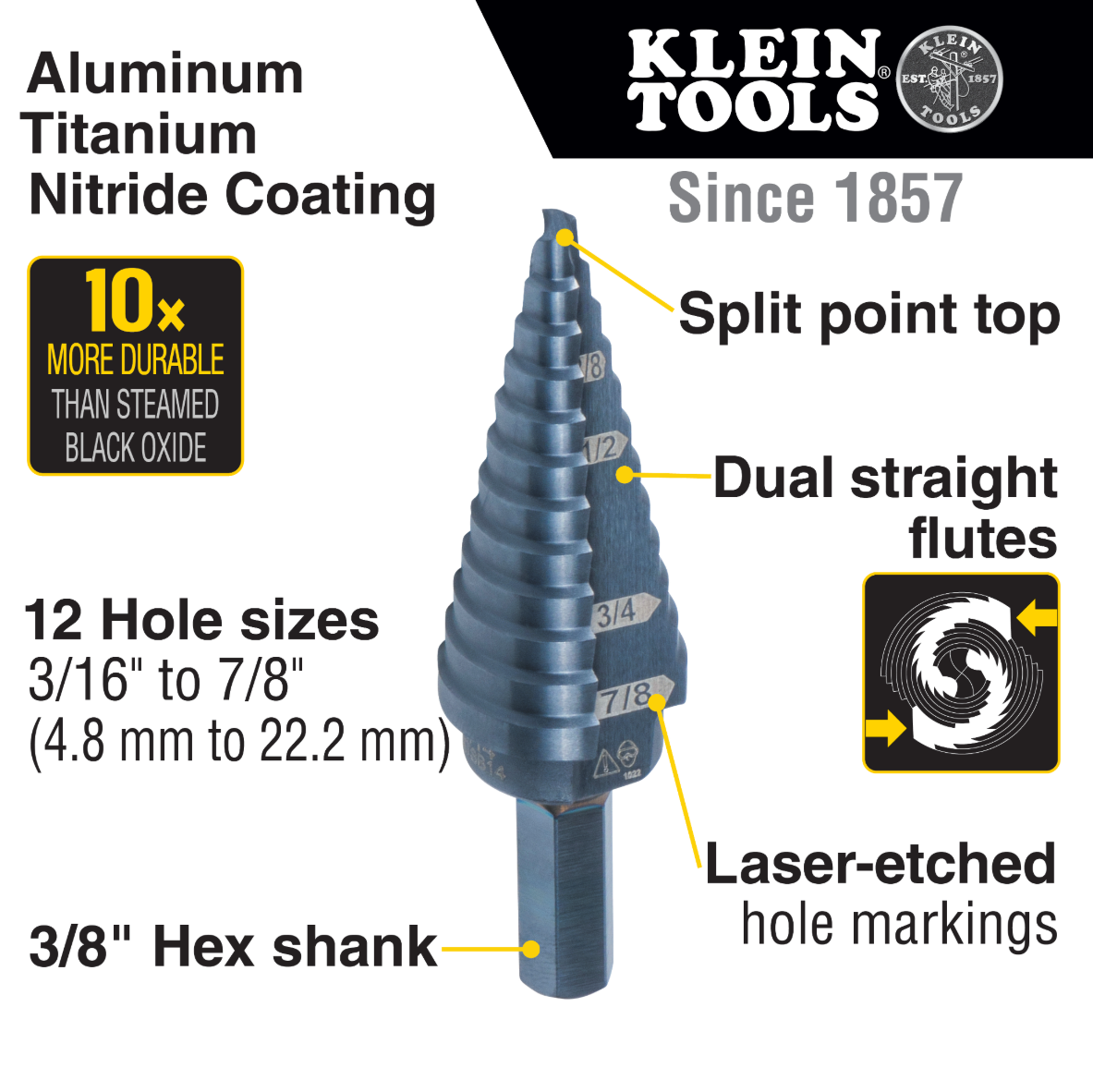 KTSB14 - 12-Step Drill Bit, 3/8-Inch Hex, Double Straight Flute, 3/16-Inch to 7/8-Inch
