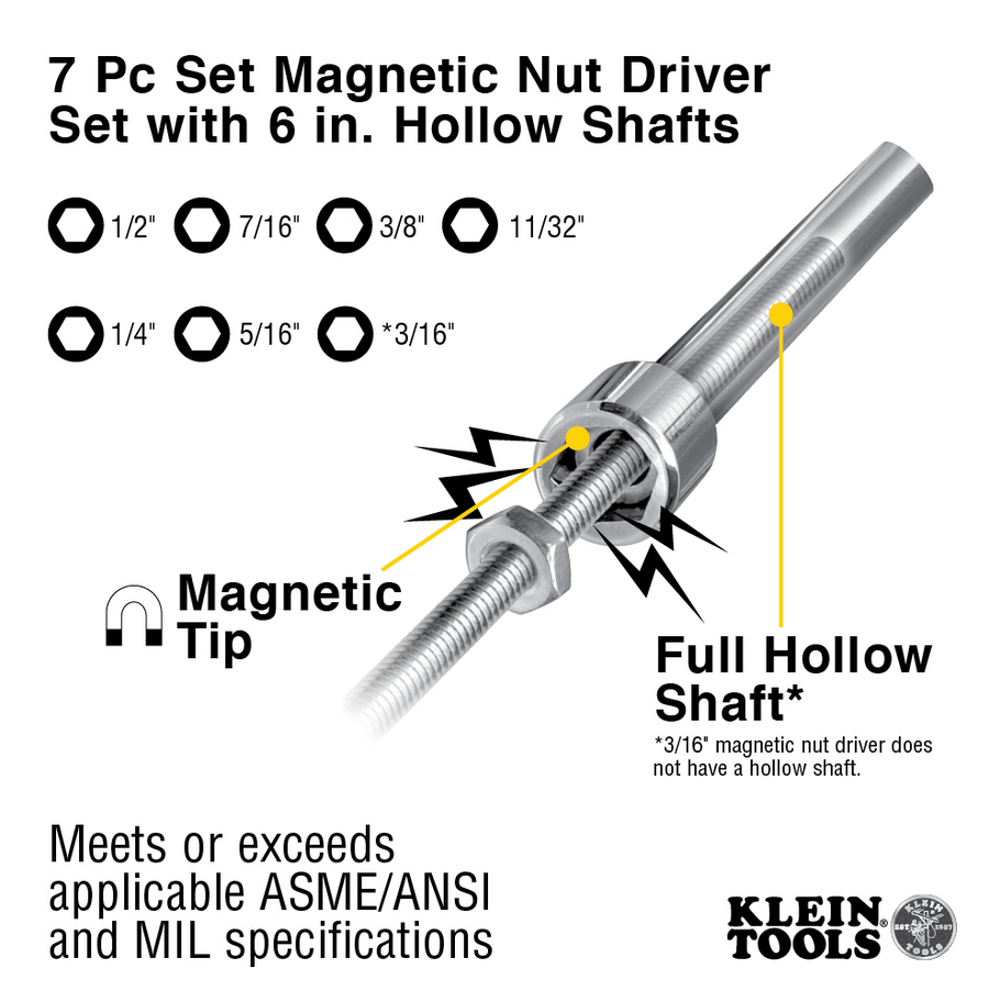 647M - Nut Driver Set, Magnetic Nut Drivers, 6-Inch Shafts, 7-Piece