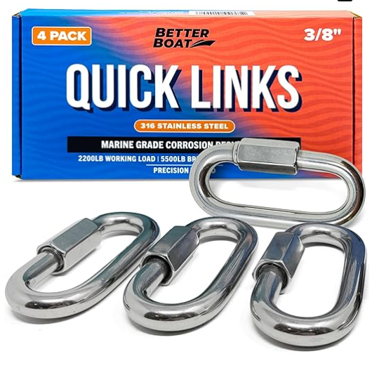 316 Stainless Steel Locking Chain Link, Threaded Quick Link Chain Connector Clips, Heavy Duty D Shape Quicklinks, 1/2", 3/8", 5/16", 1/4" Small Sizes, Marine Grade, 4 Pack Safety Links 3/8"