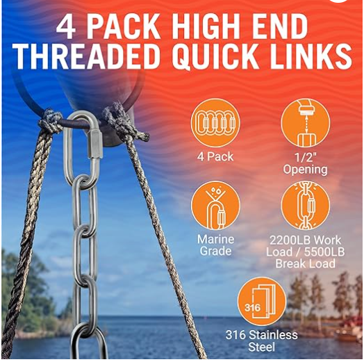 316 Stainless Steel Locking Chain Link, Threaded Quick Link Chain Connector Clips, Heavy Duty D Shape Quicklinks, 1/2", 3/8", 5/16", 1/4" Small Sizes, Marine Grade, 4 Pack Safety Links 3/8"