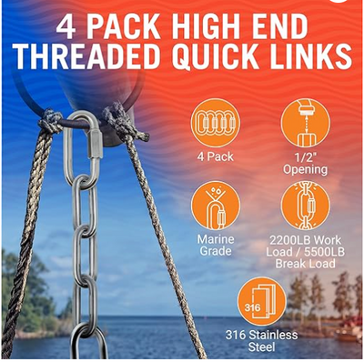 316 Stainless Steel Locking Chain Link, Threaded Quick Link Chain Connector Clips, Heavy Duty D Shape Quicklinks, 1/2", 3/8", 5/16", 1/4" Small Sizes, Marine Grade, 4 Pack Safety Links 3/8"