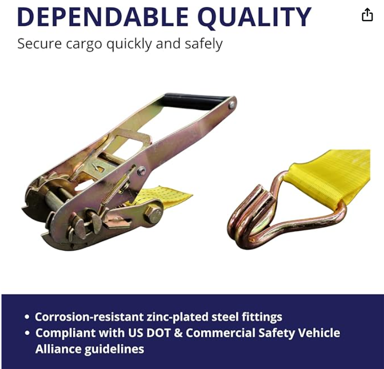 Ratchet Tie Down Straps, 2 in x 15 ft, 5,000 lb Breaking Strength, J-Hook, 6-Pack