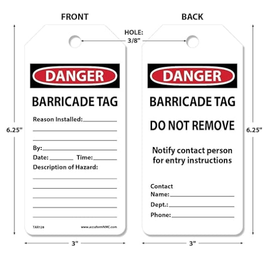 100 Safety Tags by-The-Roll, Caution Barricade, OSHA Compliant Tags Cardstock