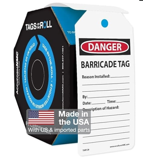 100 Safety Tags by-The-Roll, Caution Barricade, OSHA Compliant Tags Cardstock